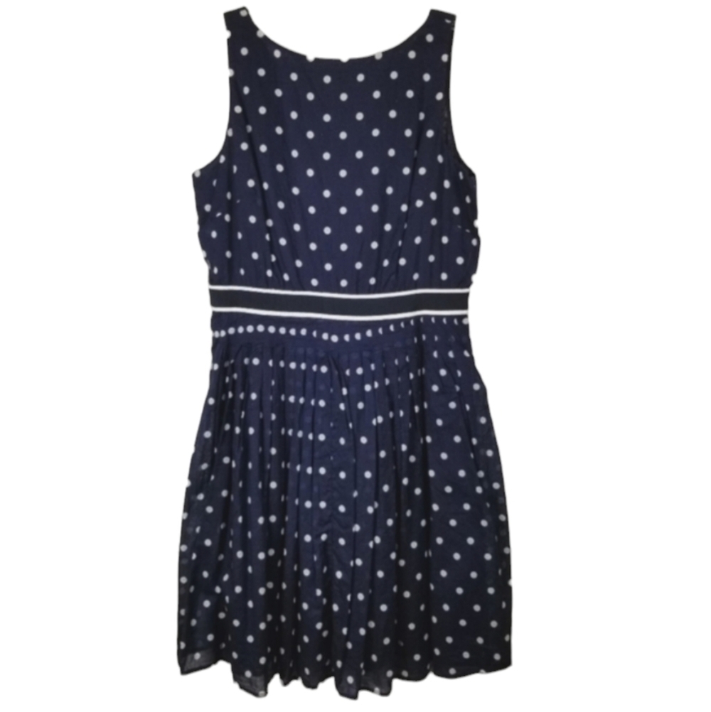 Talbots Size 14P Sleeveless Pleated Dress Cotton Blue White Polka Dot Coastal - Picture 3 of 12
